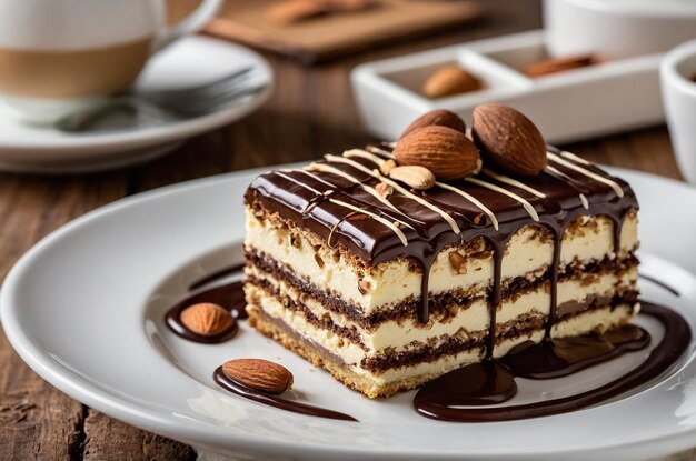 Tiramisu cake with chocolate and almonds on a white plate