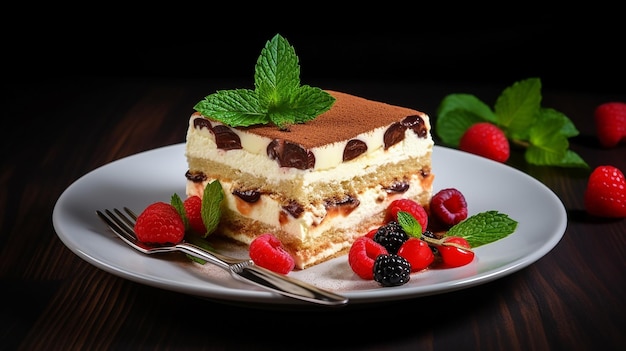 Tiramisu Cake with Fresh Berries and Mint