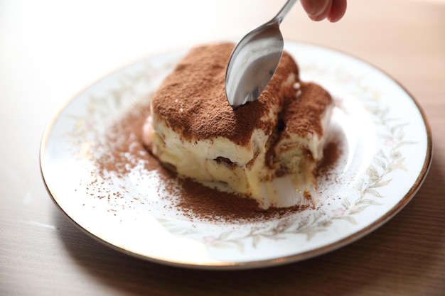 Tiramisu cake on wood background