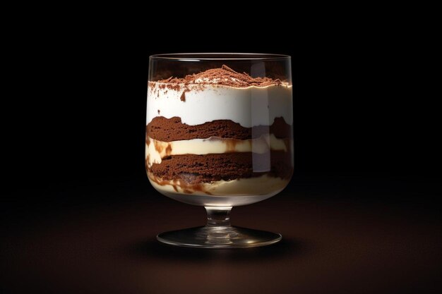 Photo tiramisu in a clear dessert glass with cocoa a delectable display of cakes