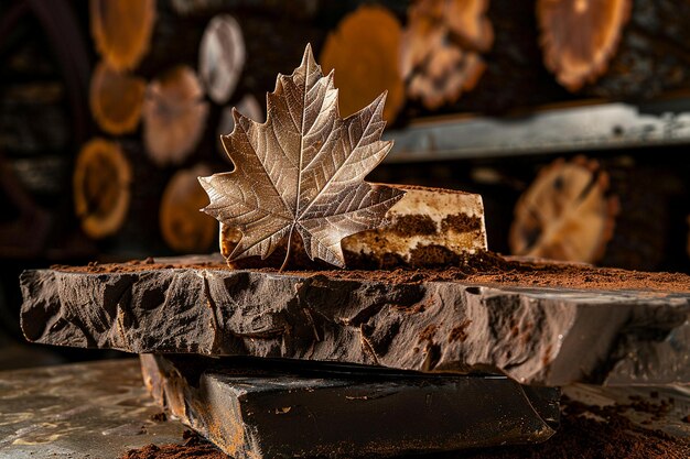 Tiramisu served with a decorative chocolate leaf