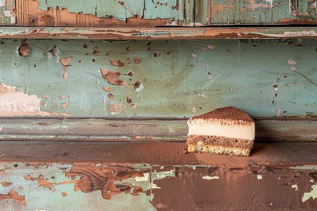 Tiramisu slice on a vintage dessert display shelf