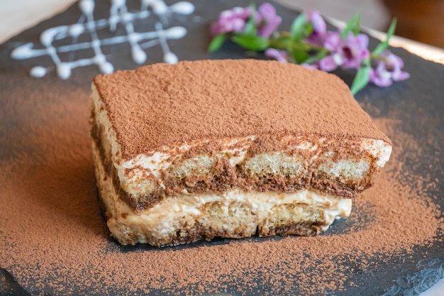 Tiramisu. Traditional italian dessert on white plate, wooden background. Selective focus