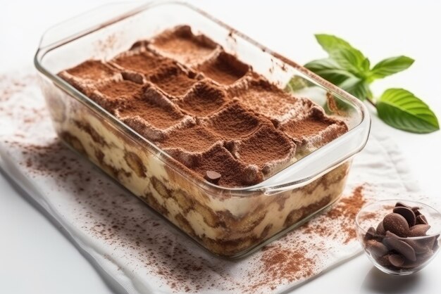 Tiramisu Vegetarian Dessert On White Background Top View Generative AI