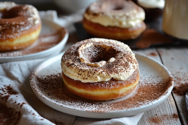 Tiramisuflavored doughnuts topped with cream and a dusting of cocoa powder surrounded by coffee beans