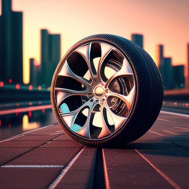 A tire on the ground with a city in the background.