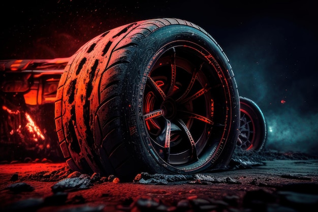 A tire on the ground with a red light behind it