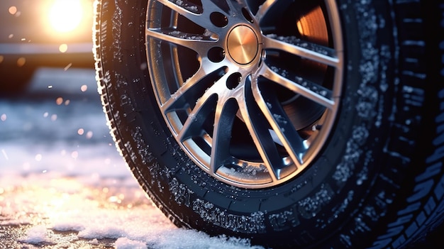 A tire is covered in snow and is covered in snow.