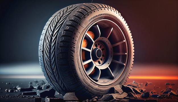 Tire at repairing service garage background Replacing winter and summer tyre for safety road trip