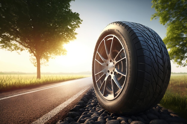 A tire on a road with a sunshine in the background