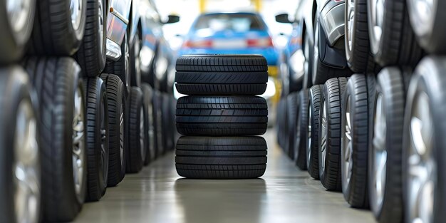 Tire stack with parked cars on each side against a white backdrop Concept Automobile Photography Creative Settings Contrasting Elements Vehicle Showcase Urban Shoot Techniques