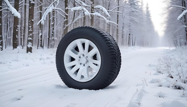 a tire that is on the ground with snow on it