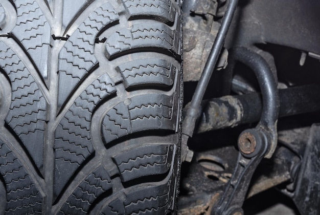 Tire tread and visible suspension parts Car repair and service