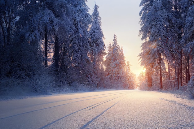 Tire on a winter snowcovered road in the forest