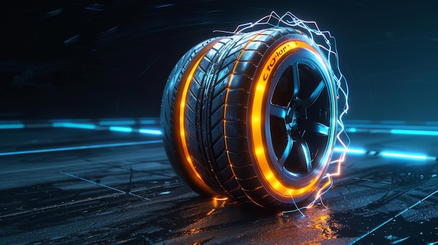 Photo a tire with orange stripes is lit up and surrounded by blue lights