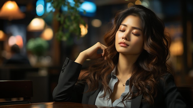 Tired asian woman sitting in office