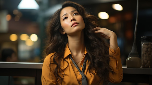 Tired asian woman sitting in office