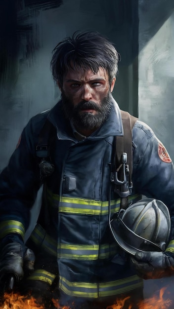 Tired bearded firefighter in uniform holding protective helmet front view of darkhred male rescuer