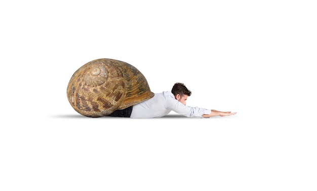 Tired businessman acts like a slow snail