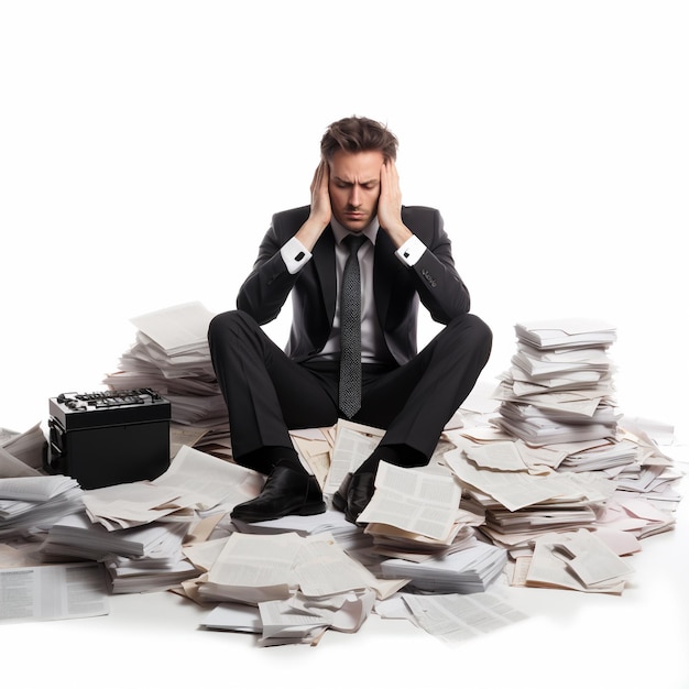 Tired businessman siting on documents Isolated on white background Generative AI