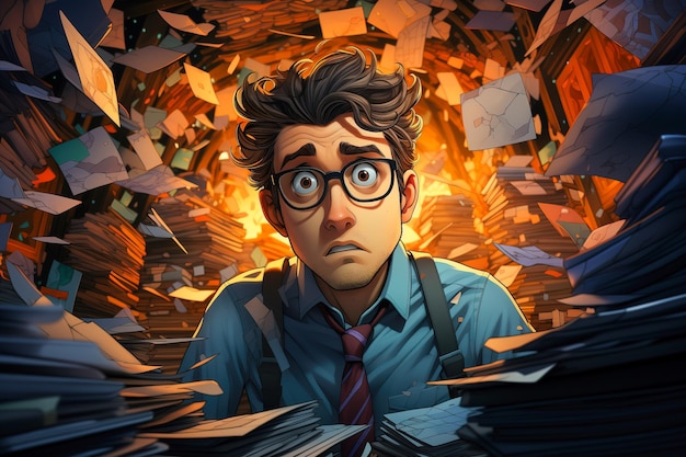 A tired businessman at work amidst a pile of documents Paper closeup