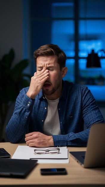 Tired businessman yawn and rubbing eyes in home office during late night hours