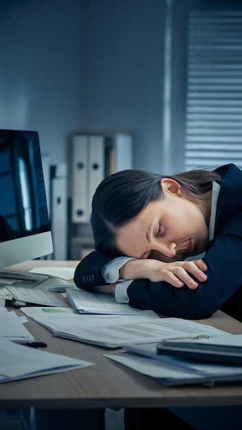 Tired businesswoman laying her head on the table