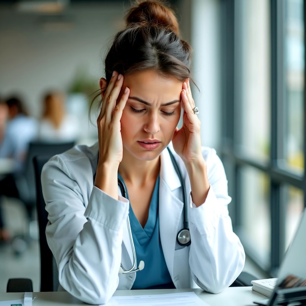 Tired doctor after long work suffering from headache at work