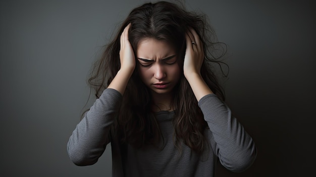 a tired exhausted teen girl holding her temple in pain against a grey background the concept of headache migraine cephalalgia hypertension and premenstrual syndrome