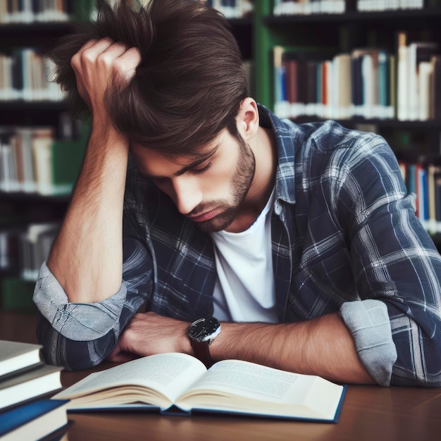 Tired male student holding his head while sitting in library ai generative