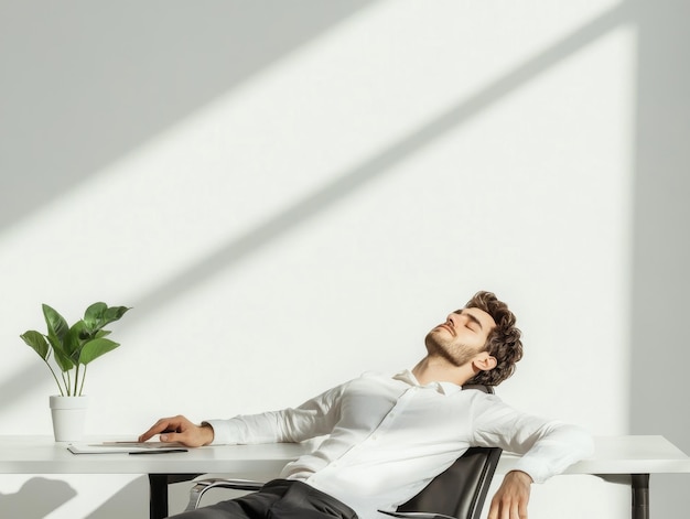 Photo tired man at his desk in a minimalist office with white background