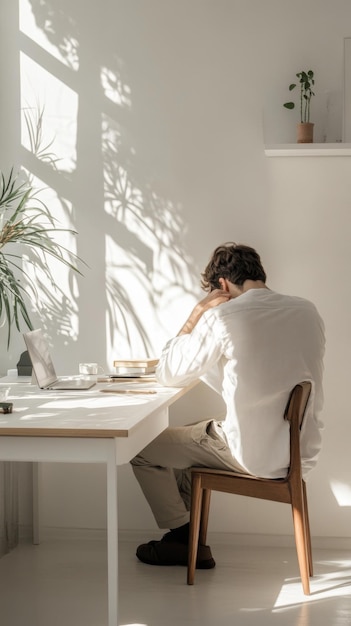 Tired Man at His Desk in a Minimalist Office with White Background