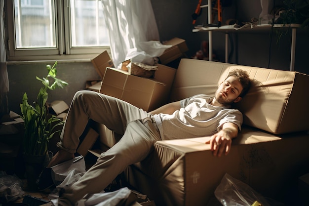 Tired man sleeping on a sofa amoung cardboard boxes on a moving day Young guy falls asleep on the couch after packing boxes to move to a new apartment Relocation concept