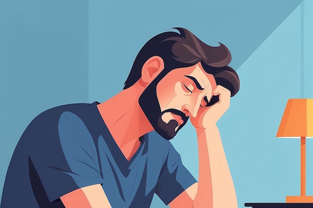 Tired man sleepy mood weak health mental exhausted vector flat illustration