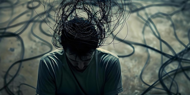 Tired man with abstract wires in head symbolizing mental health issues Concept Mental Health Depression Exhaustion Abstract Concept Symbolism