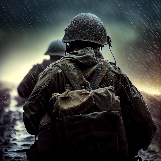 Tired military soldier dramatic mood in the rain view from the back illustration Generative AI