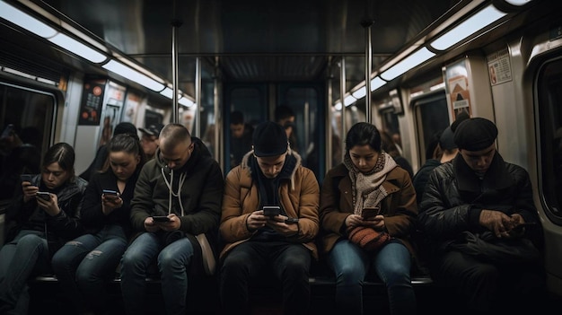 Tired people sit in the subway car and look at their phones