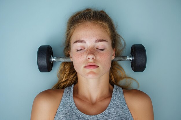 Photo tired woman raises two dumbbells