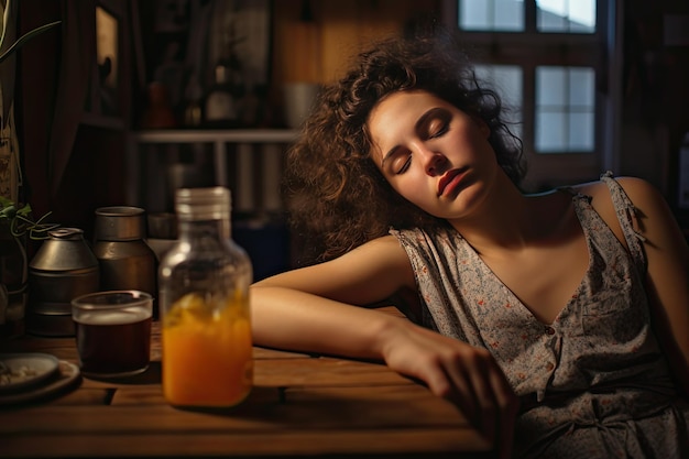 Tired Woman Taking a Nap on Kitchen Table at Breakfast Time while Trying to Drink Coffee Young