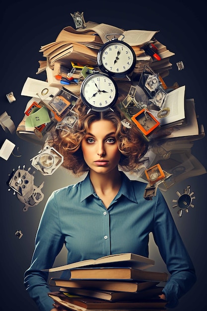 Photo tired woman with a stack of books chaos of papers and clock on his head concept of time management