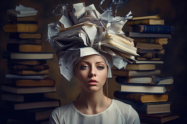 Tired woman with a stack of books contemporary art collage