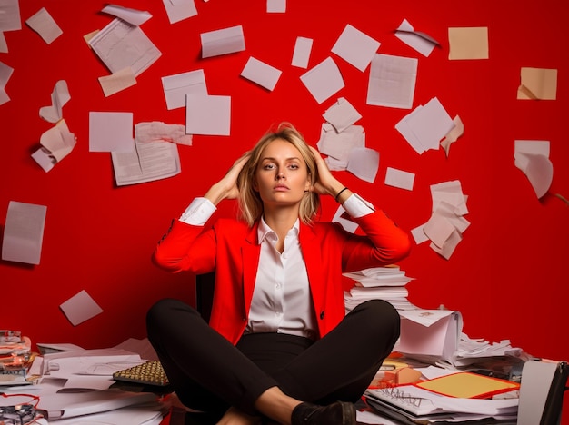 Tired of work and many tasks a woman sitting Red background Notes ideas tasks background cards Hard