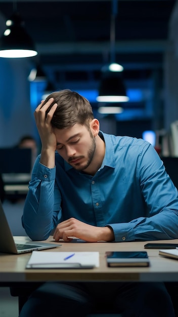 Tired young attractive man sleeps at work place has much work being fatigue and exhausted