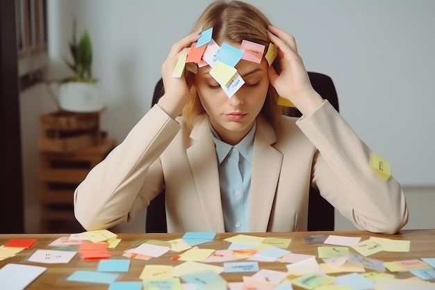 A tired young businesswoman a clerk sits in the office at the table with her eyes closed and her head in her hands against the background of a wall hung with a lot of stickers