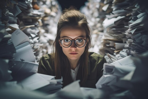 Tired young woman in glasses sitting at cluttered desk surrounded by a pile of papers in the office