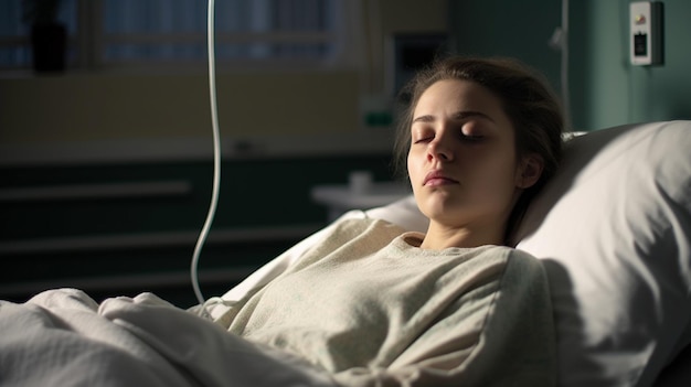 A tired young woman lies in bed eyes closed and relaxed surrounded by healthcare