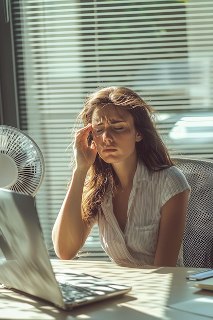 Photo tired young woman in office at computer fan generative ai