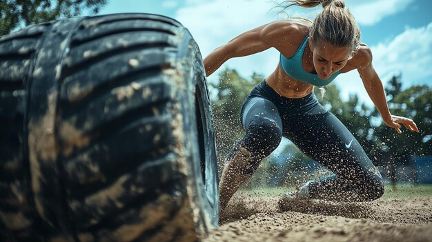 Photo tireflipping woman symbolizes strength endurance and fitness goals