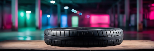 Photo tires are lined up on a table the tires are of different sizes and are arranged