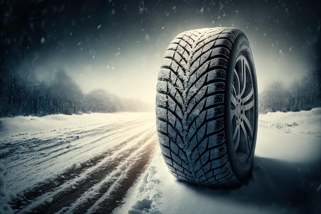 Tires for the winter season with a blizzard and falling snow in the backdrop Safety on the Road